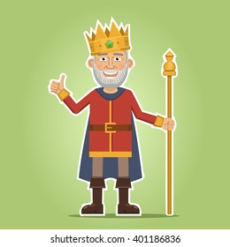 Illustration of an old medieval king isolated on abstract background. Cheerful king holding a scepter and showing thumb up gesture. King, monarch, ruler. Flat style vector illustration