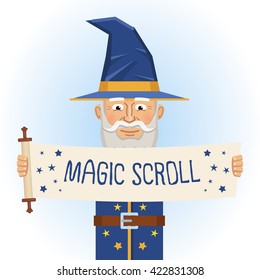 Illustration of an old medieval wizard with holding a magic scroll. Fantasy magician, warlock, sorcerer. Flat style vector illustration