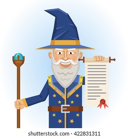 Illustration of an old medieval wizard holding a scroll. Cheerful wizard making an announcement. Fantasy magician, warlock, sorcerer. Flat style vector illustration