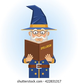 Illustration of an old medieval wizard reading a spell book. Fantasy magician, warlock, sorcerer. Flat style vector illustration