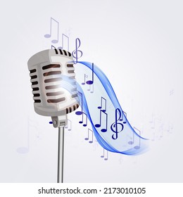 Illustration of an old microphone and musical notes.