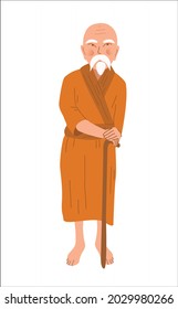 Illustration Of An Old Monk With A Cane In His Hand. A Wise Old Man. Religion Of Asia. Grandpa In A Robe. An Old Religious Man. Vector Drawing Of A Monk On A White Background. In An Orange Robe.