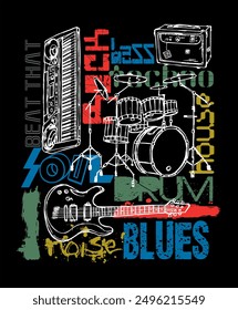 Illustration of old musical instruments and lettering. Art in a casual style for prints on t-shirts, decoration, etc.