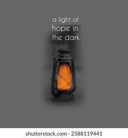 illustration of an old rusty kerosene lamp with text,lantern with lite light