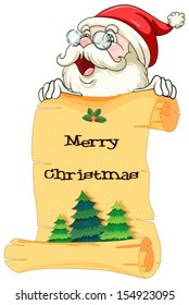 Illustration of an old Santa holding a paper scroll with christmas greeting on a white background