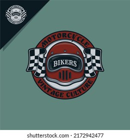 illustration of old school helmet and racing flag for emblem logo or icon