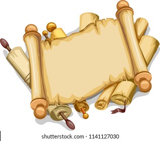 Illustration Of Old Scrolls With One Open Blank Scroll