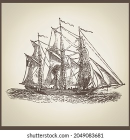Illustration old ship etching print style, Classic vintage ship