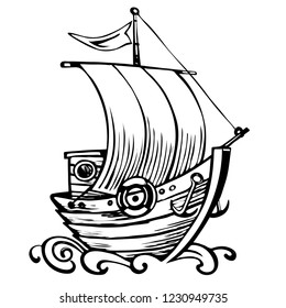 Illustration old ship with waves in style retro design. Vintage nautical ship, vintage sailing boat. Hand-drawn sketch.