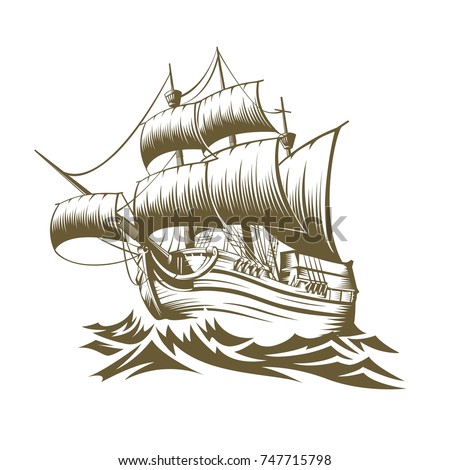 Illustration old ship with waves in style retro design