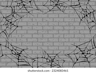 Illustration of old spider web on brick background, vector illustration