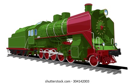 illustration of a old steam locomotive isolated on white background. Solid fill only, no gradients. Locomotive of the Soviet Union.