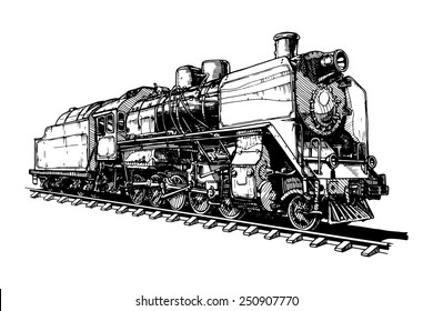 illustration of a old steam locomotive stylized as engraving