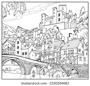 Illustration of old stone bridge in a medieval French town. Fairyland kingdom. Black and white page for kids coloring book. Printable worksheet for drawing and meditation. Ancient architecture.