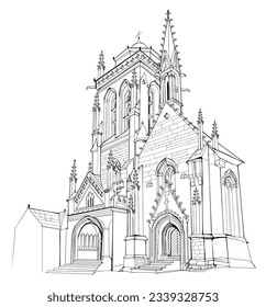 Illustration of an old stone cathedral in a medieval French town. Fairyland kingdom. Black and white page for kids coloring book. Printable worksheet for drawing and meditation. Ancient architecture.