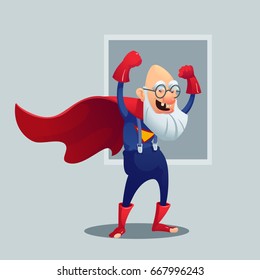 Illustration Of Old Superhero. Happy Super Granddad Standing  With Hands Up.