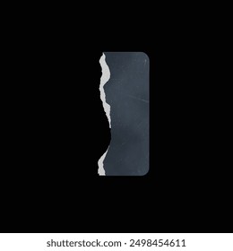 Illustration from old torn paper. Grunge gray paper with scuff marks placed vertically on a black isolated background. Ideal for banners, stickers or posters.