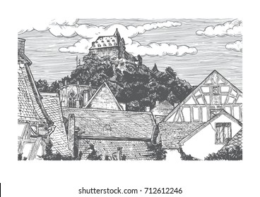 illustration of old town landscape in vintage etching style. Timber-frame houses is on front, Wernerkapelle and  Stahleck Castle on the back. Bacharach, Rhine Gorge, Rhineland-Palatinate, Germany.