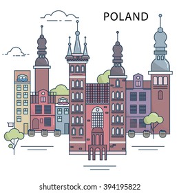 The illustration of old town in the Poland with the towers, church and gothic houses. 100% vector, easy to edit and use.  