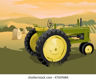 Illustration of an old tractor with a rural scene in the background.