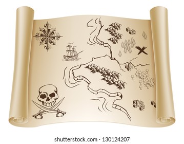 An Illustration Of An Old Treasure Map On A Rolled Up Paper Scroll With X Marking The Spot