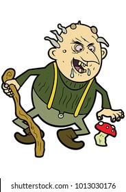 Illustration an old ugly troll with a cane and a mushroom