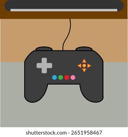 Illustration of an old video-game control with color buttons and connected to a television