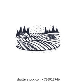 Illustration Of An Old Village Vector. River Bank With Boats And Houses Stylized Linocut