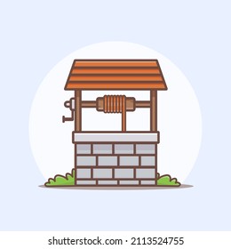 illustration of an old well with grass and isolated background