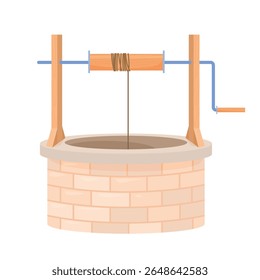 Ilustração de um poço velho com uma estrutura de madeira resistente e sistema de polia, em um fundo branco limpo destacando sua simplicidade rústica e charme.