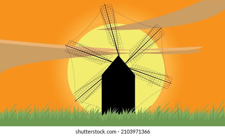 Illustration of an old windmill typical of Europe. Mill silhouette at sunrise or sunset.