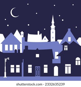 Illustration of an old winter city. Christmas view of houses.