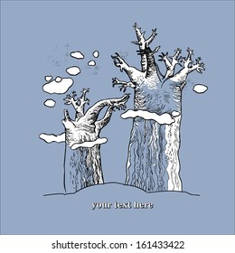 illustration of old winters trees with clouds on white background. Hand drawing. Good for cards, covers, backgrounds and wallpapers