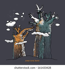 illustration of old winters trees with clouds on white background. Hand drawing. Good for cards, covers, backgrounds and wallpapers