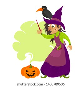 Illustration of an old witch in the green smoke with pumpking and black crow. Witch puts a spell on the  pumpking.