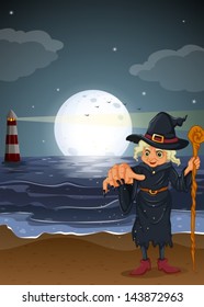 Illustration of an old witch holding a stick at the beach