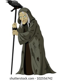 Illustration of old Witch with  raven