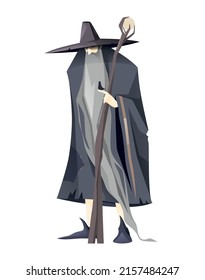 Illustration of an old wizard with a long beard. Birdie. Vector. Character design.