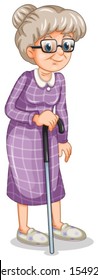 Illustration of an old woman with a cane on a white background