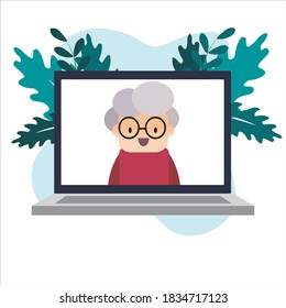 Illustration Of An Old Woman Have An Online Meeting By Laptop. Grandma. Grandmother. Self Quarantine Illustration.