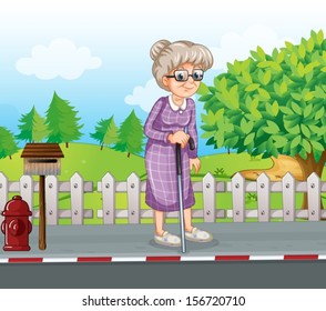 Illustration of an old woman at the street with a cane standing near the mailbox