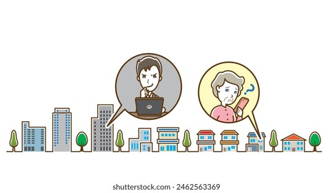 Illustration of an old woman suffering from fraudulent emails.