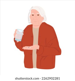 Illustration of old woman taking pills.
