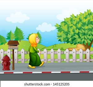 Illustration of an old woman walking at the streetside with a mailbox