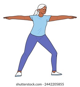 
illustration of an old woman in warrior yoga pose