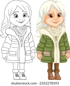 Illustration of an old woman wearing glasses, a beanie hat, and a Parka fur jacket in a winter outfit