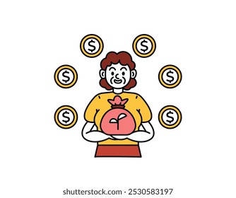 ilustração de uma mulher idosa que está feliz porque ela recebeu um saco de dinheiro do investimento. obter dinheiro da pensão. coletar dinheiro do investimento. fundo de pensão. esboçar design de personagem estilo. elemento