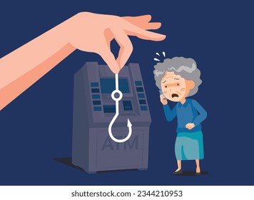 Illustration of an old woman who was tricked by voice phishing standing in front of an ATM machine. She is talking on the phone with a panicked face.