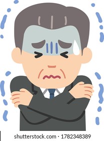 Illustration of an old worker in a suit shivering