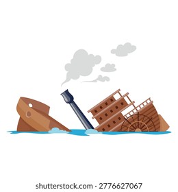 An illustration of an old wrecked ship on a white background, showing the wreckage and surrounding water. Concept of a shipwreck, sunken vessel, or maritime accident.